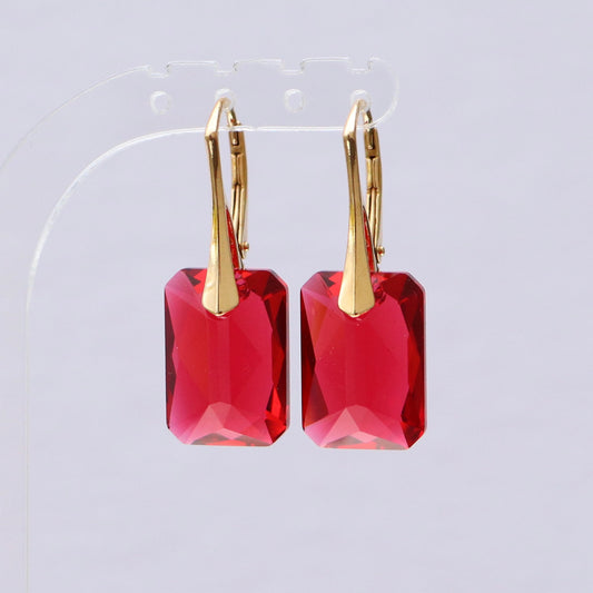 Boucles d'oreilles avec cristaux Swarovski, rouge framboise, argent doré, NOEMIE