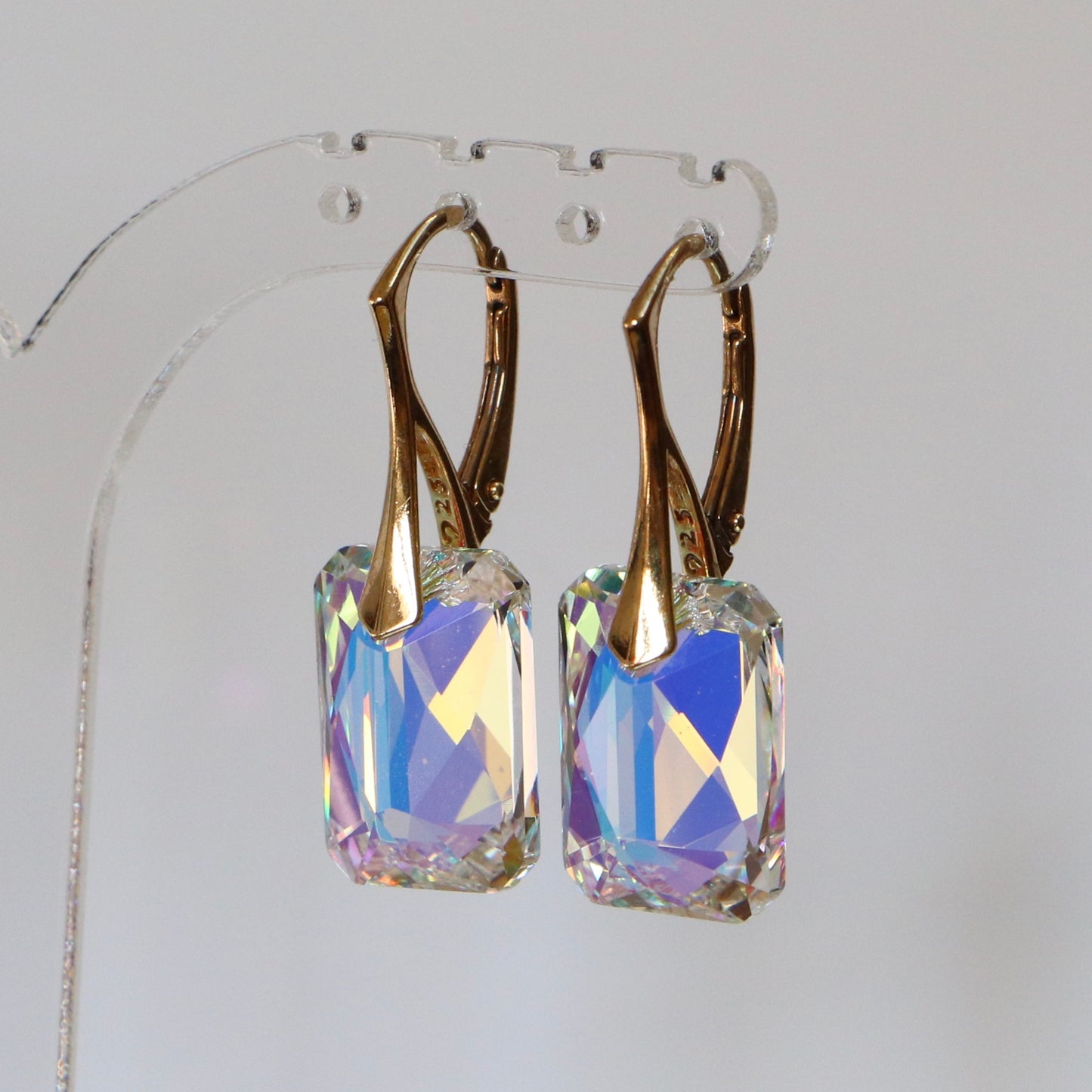 Boucles d'oreilles avec cristaux Swarovski, cristal AB, argent doré, NOEMIE