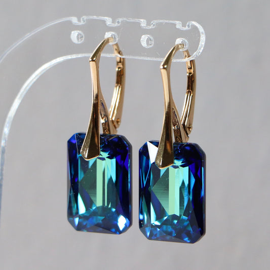 Boucles d'oreilles avec cristaux Swarovski,"Bermuda blue", argent doré, NOEMIE