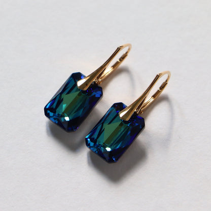 Boucles d'oreilles avec cristaux Swarovski,"Bermuda blue", argent doré, NOEMIE