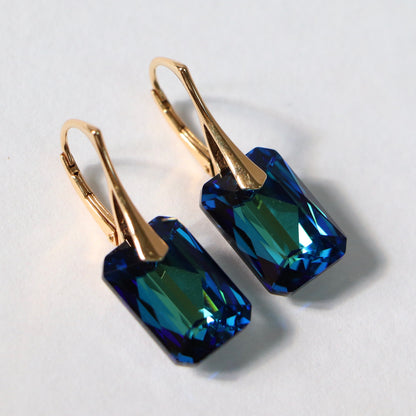 Boucles d'oreilles avec cristaux Swarovski,"Bermuda blue", argent doré, NOEMIE