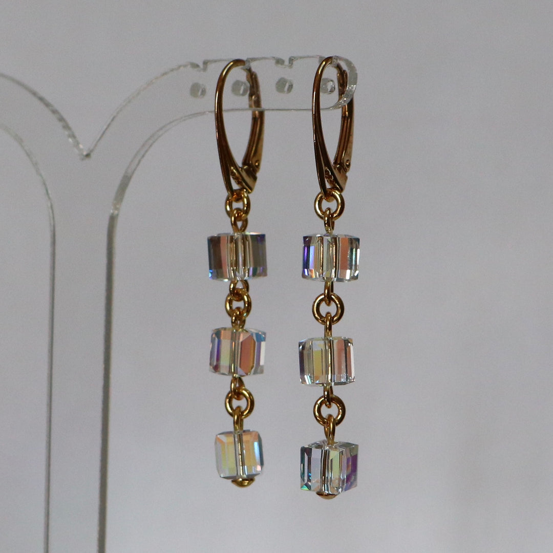 Earrings, Swarovski crystals, gold-plated silver, AB crystal, MULTI-CUBES