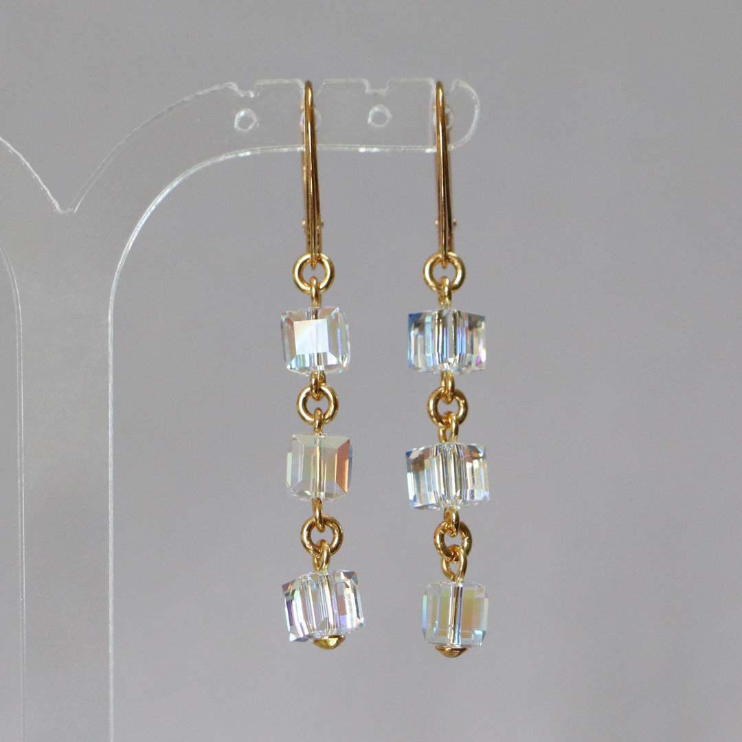 Earrings, Swarovski crystals, gold-plated silver, AB crystal, MULTI-CUBES