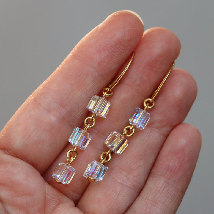 Earrings, Swarovski crystals, gold-plated silver, AB crystal, MULTI-CUBES