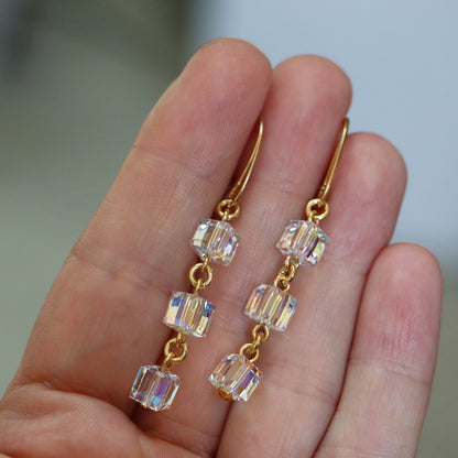 Earrings, Swarovski crystals, gold-plated silver, AB crystal, MULTI-CUBES