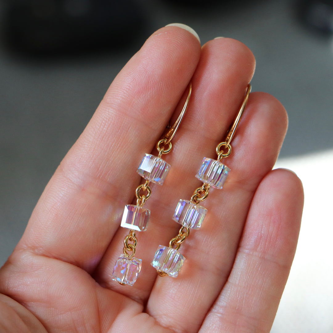 Earrings, Swarovski crystals, gold-plated silver, AB crystal, MULTI-CUBES