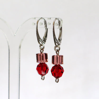 Earrings, Swarovski crystals, rhodium-plated silver, red, POMPON