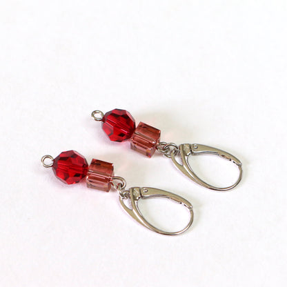 Earrings, Swarovski crystals, rhodium-plated silver, red, POMPON