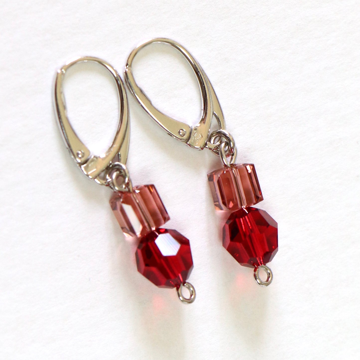 Earrings, Swarovski crystals, rhodium-plated silver, red, POMPON