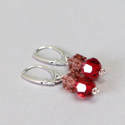 Earrings, Swarovski crystals, rhodium-plated silver, red, POMPON