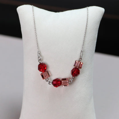 Necklace, Swarovski crystals, rhodium-plated silver, red, POMPON