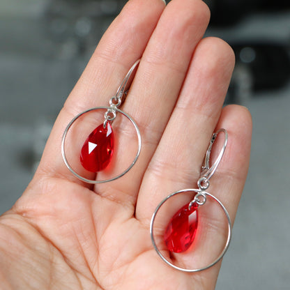 Earrings, Swarovski crystals, rhodium-plated silver, bright red, LAC