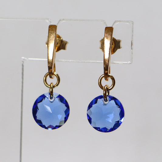 Boucles d'oreilles, cristaux Swarovski, argent doré, bleu, BONBON