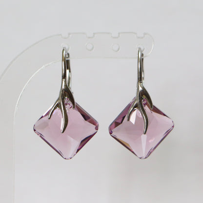 Earrings, Swarovski crystals, rhodium-plated silver, light mauve, AGATHE