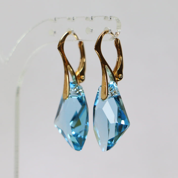 Boucles d'oreilles, cristaux Swarovski, argent doré, bleu aquamarine, ALICIA