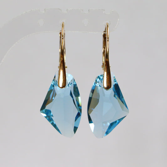 Boucles d'oreilles, cristaux Swarovski, argent doré, bleu aquamarine, ALICIA