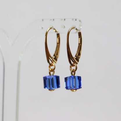 Boucles d'oreilles avec cristaux Swarovski, bleu, argent doré, CARRE