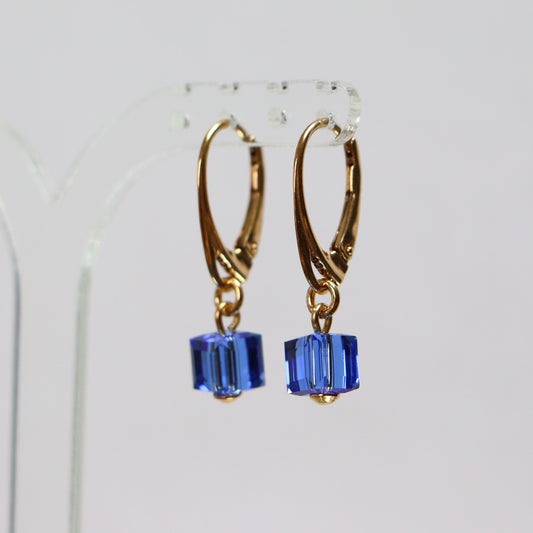 Boucles d'oreilles avec cristaux Swarovski, bleu, argent doré, CARRE