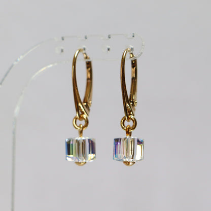 Earrings with Swarovski crystals, AB crystal, gold-plated silver, SQUARE