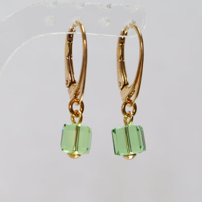 Earrings with Swarovski crystals, olive green, gold-plated silver, SQUARE