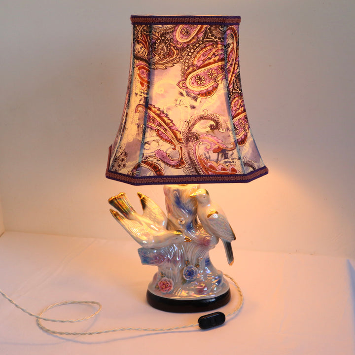 “Deux doves” ceramic lamp with a silk couture lampshade