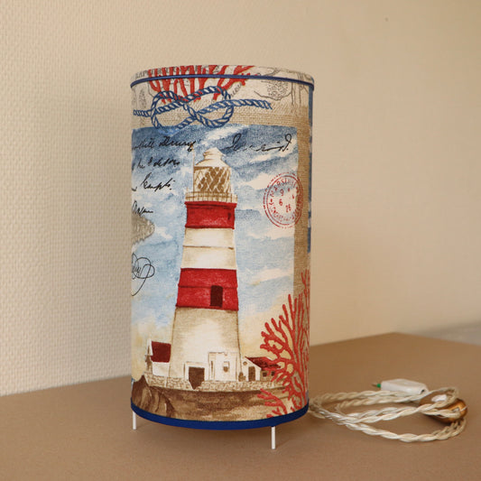 Lampshade-lamp (on small legs), laminated in fabric, LIGHTHOUSE with blue accent