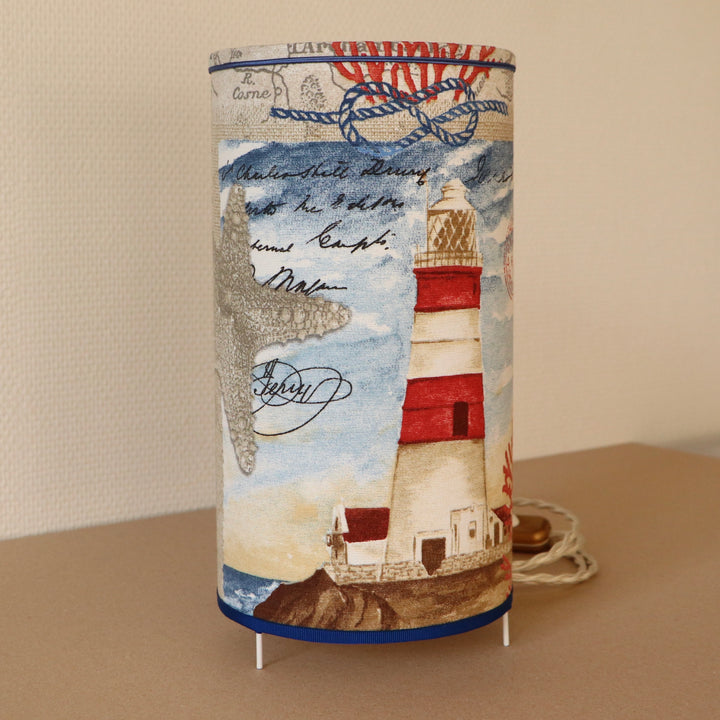 Lampshade-lamp (on small legs), laminated in fabric, LIGHTHOUSE with blue accent