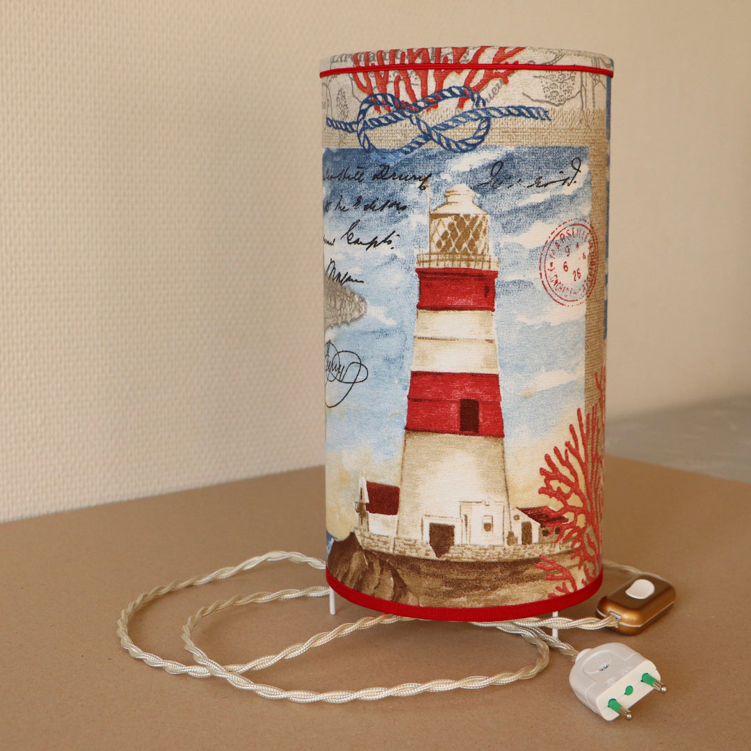 Abat-jour sur pieds (lampe), contrecollé en tissu, PHARE rouge