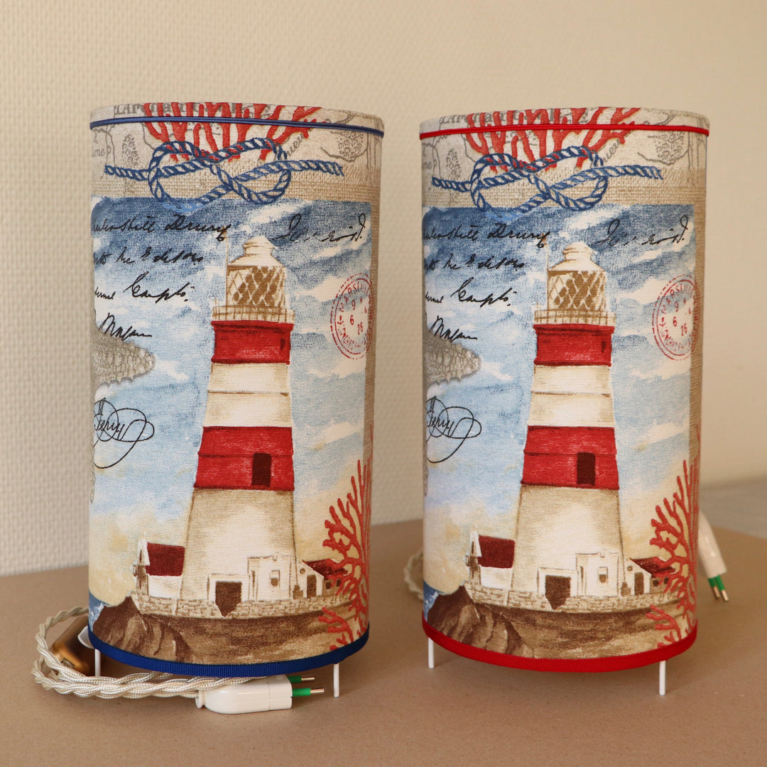 Lampshade-lamp (on small legs), laminated in fabric, LIGHTHOUSE with blue accent