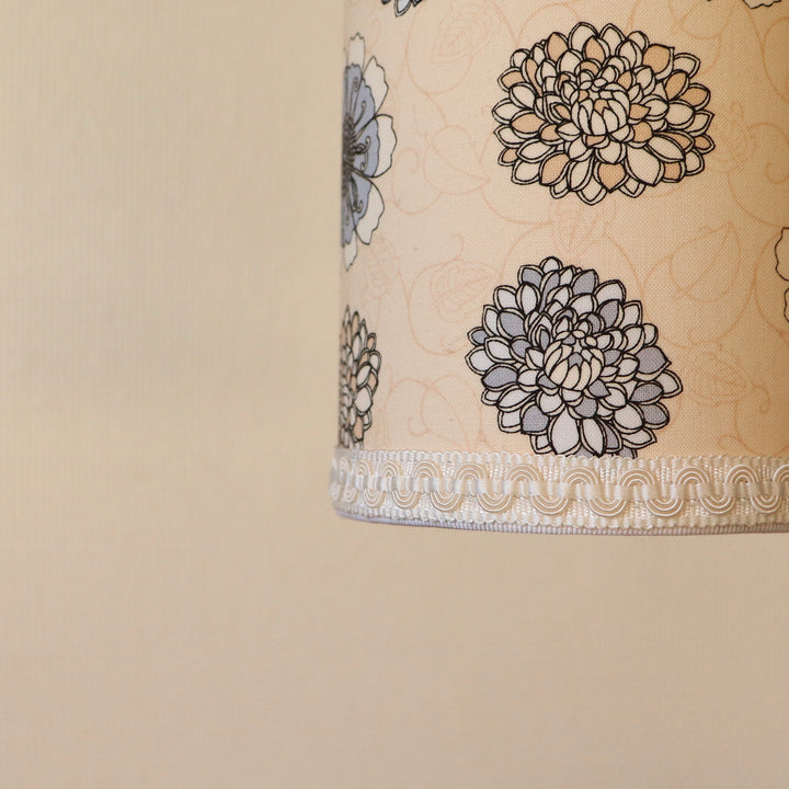 Portable lamp with a laminated lampshade in gray and beige FLOWERS fabric