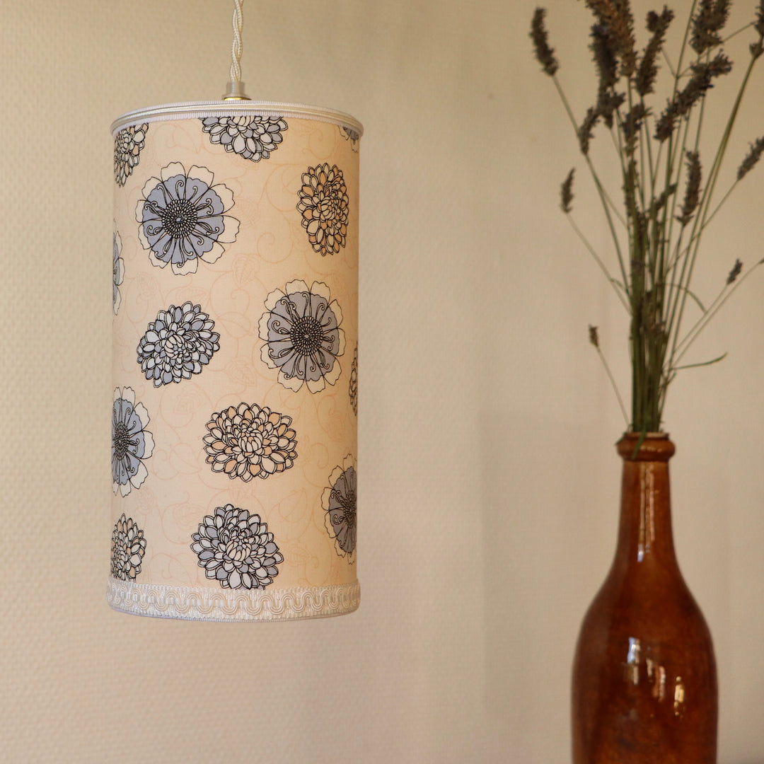 Portable lamp with a laminated lampshade in gray and beige FLOWERS fabric