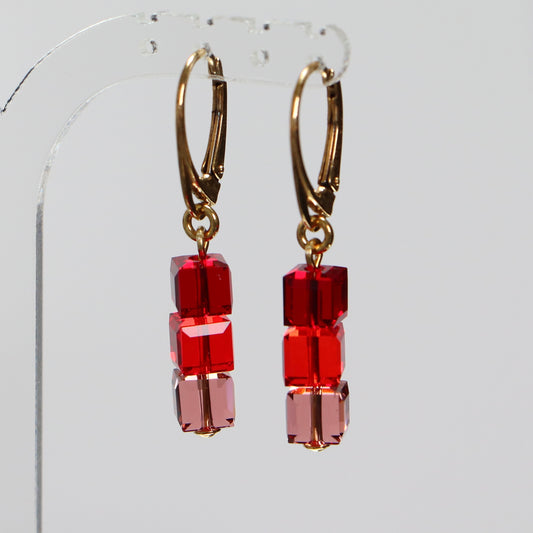Earrings, Swarovski crystals, gold-plated silver, red, 3CARRE