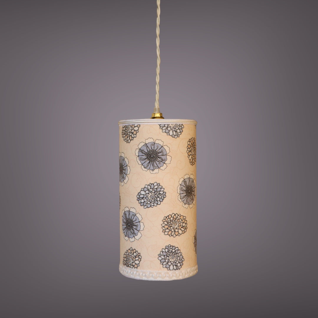 Portable lamp with a laminated lampshade in gray and beige FLOWERS fabric