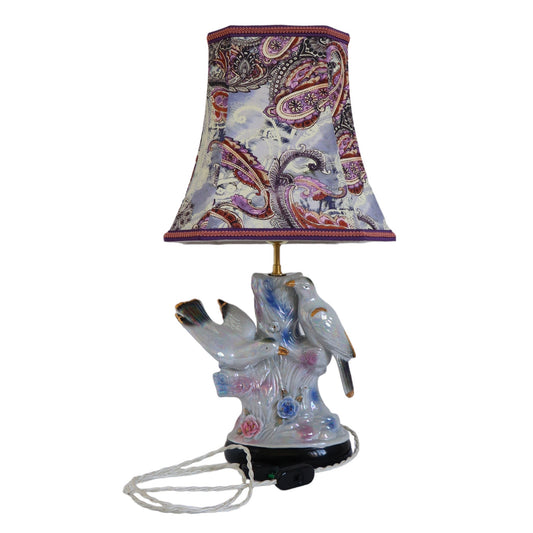 “Deux doves” ceramic lamp with a silk couture lampshade
