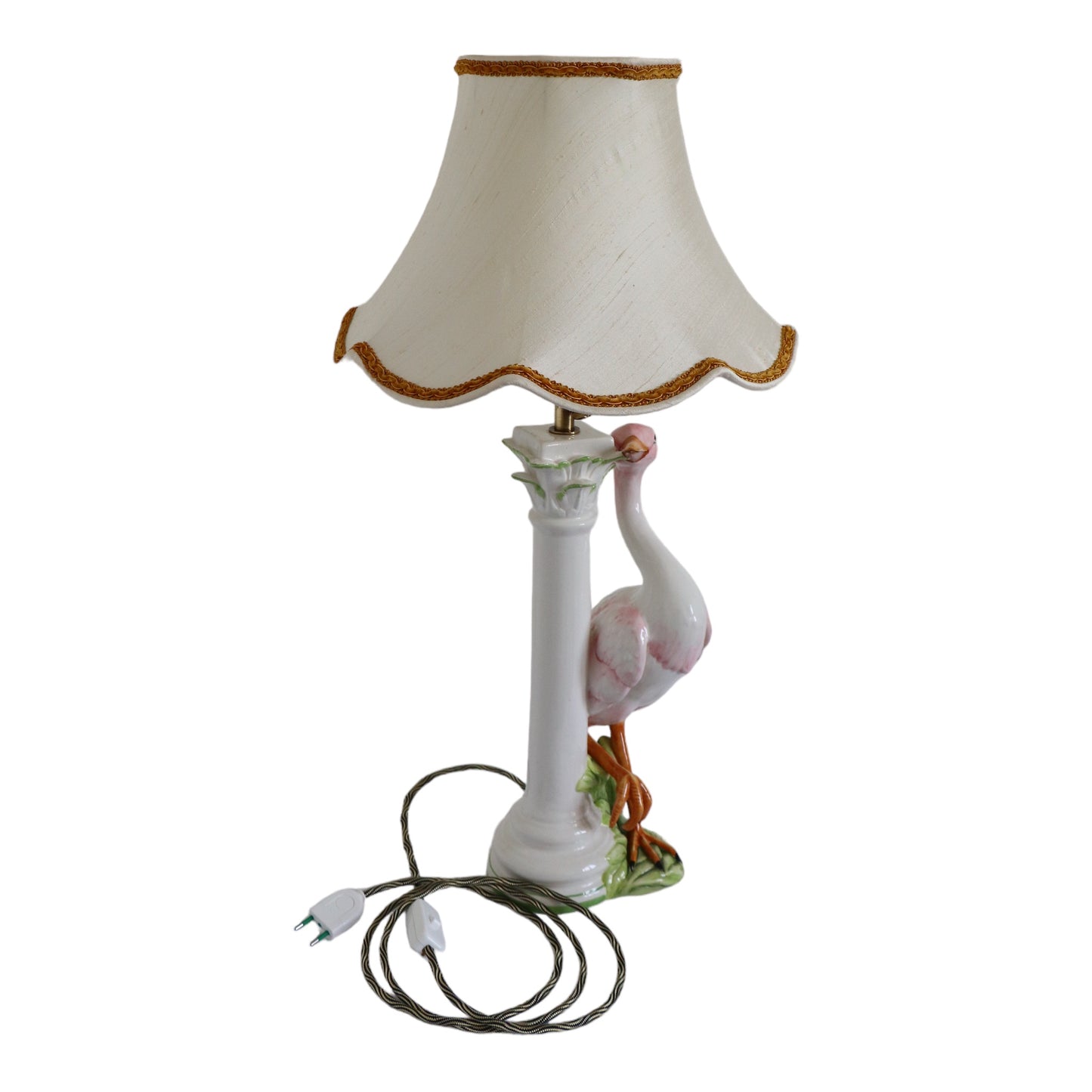 Lampe vintage "L'oiseau imaginaire" avec pied en céramique  avec un abat-jour en soie sauvage,