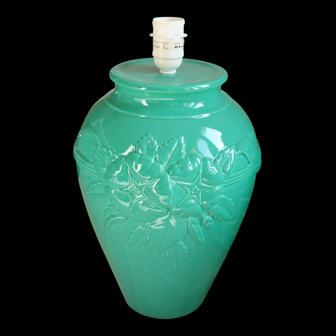 Lampe vintage en céramique verte turquoise,  création Michelle Férec, avec abat-jour en tissu d’éditeur