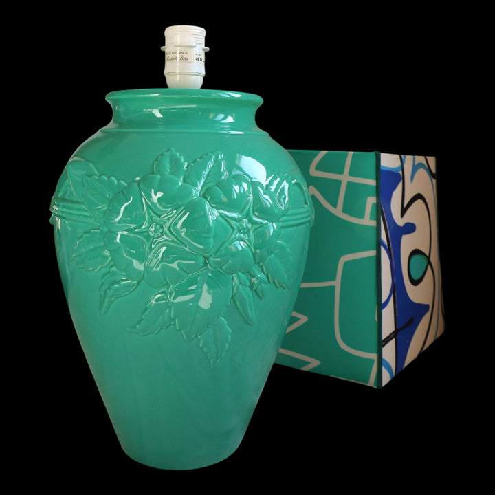 Lampe vintage en céramique verte turquoise,  création Michelle Férec, avec abat-jour en tissu d’éditeur