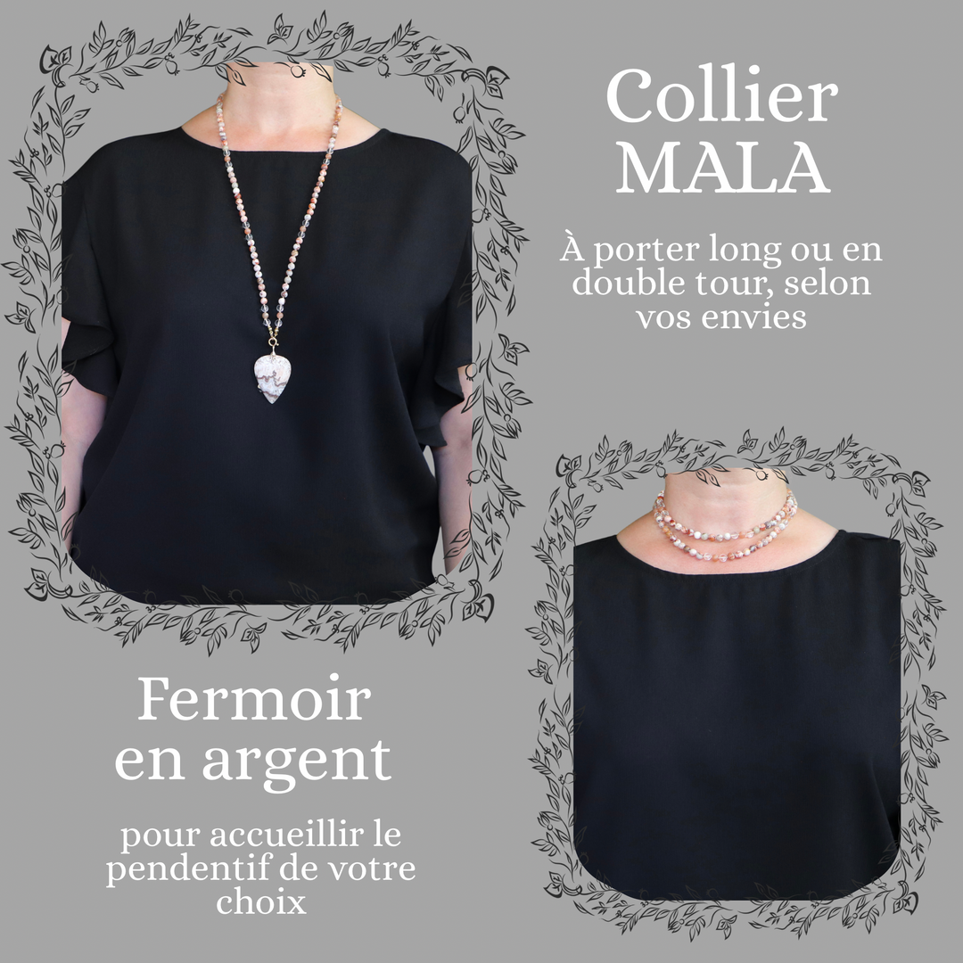 Collier MALA en agate et pierre de lune avec Pendentif en agate ´crazy lace´