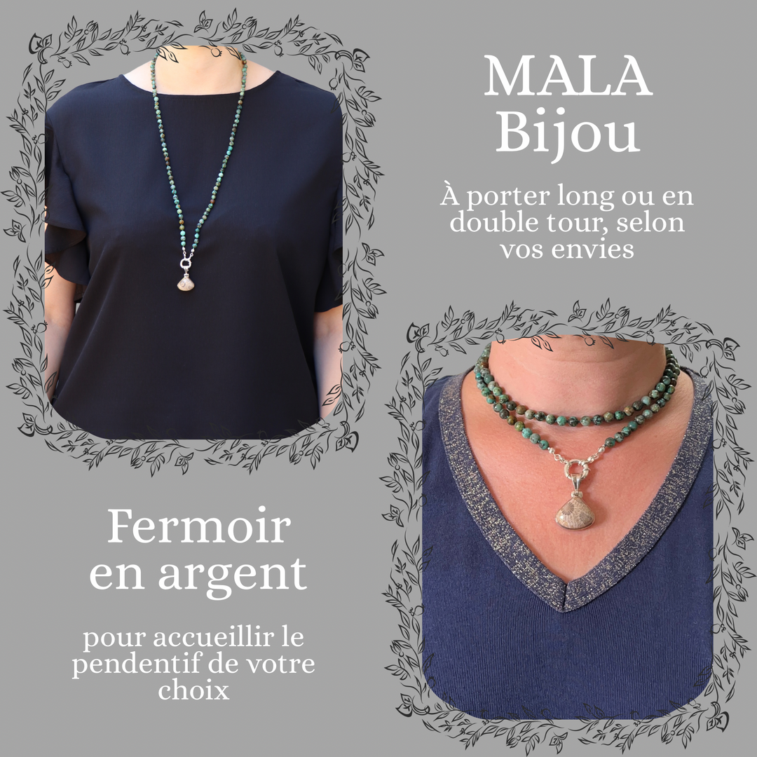 Collier MALA en jaspe ("turquoise africaine") et Pendentif en corail fossilisé