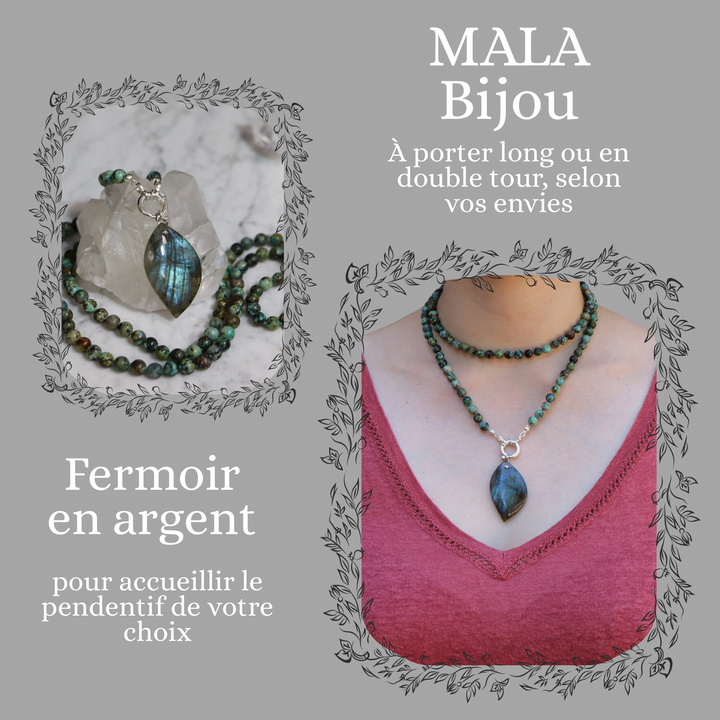 Collier MALA en jaspe ("turquoise africaine") et Pendentif en Labradorite