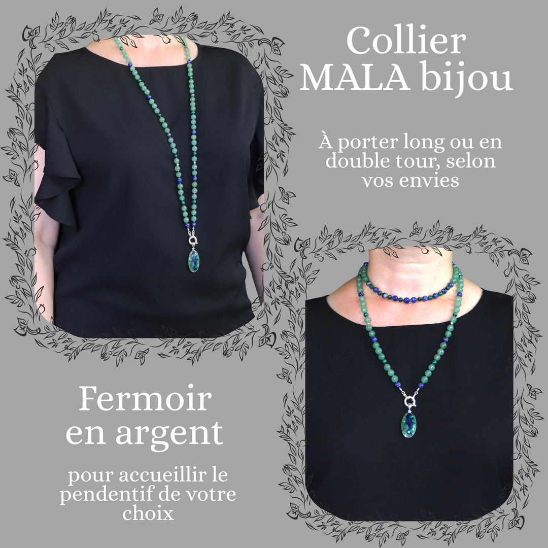 Collier MALA (aventurine verte, lapis lazuli, malachite) et Pendentif en azurite malachite