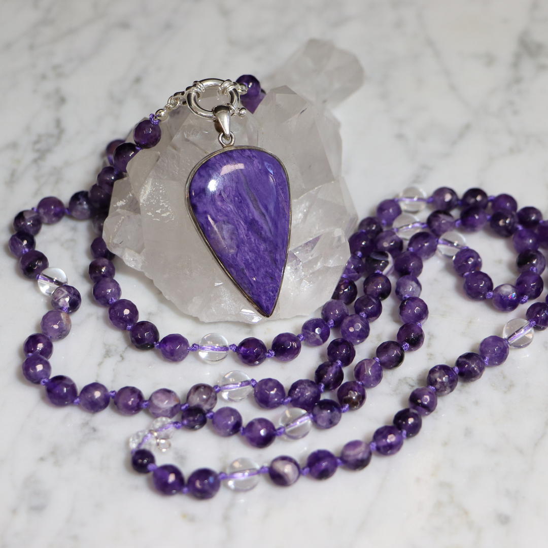 Collier MALA en améthyste et Pendentif en charoïte