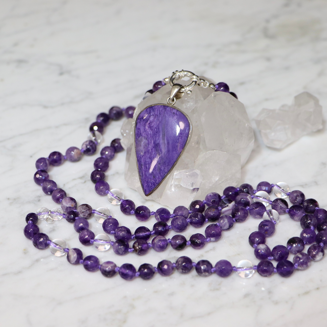 Collier MALA en améthyste et Pendentif en charoïte