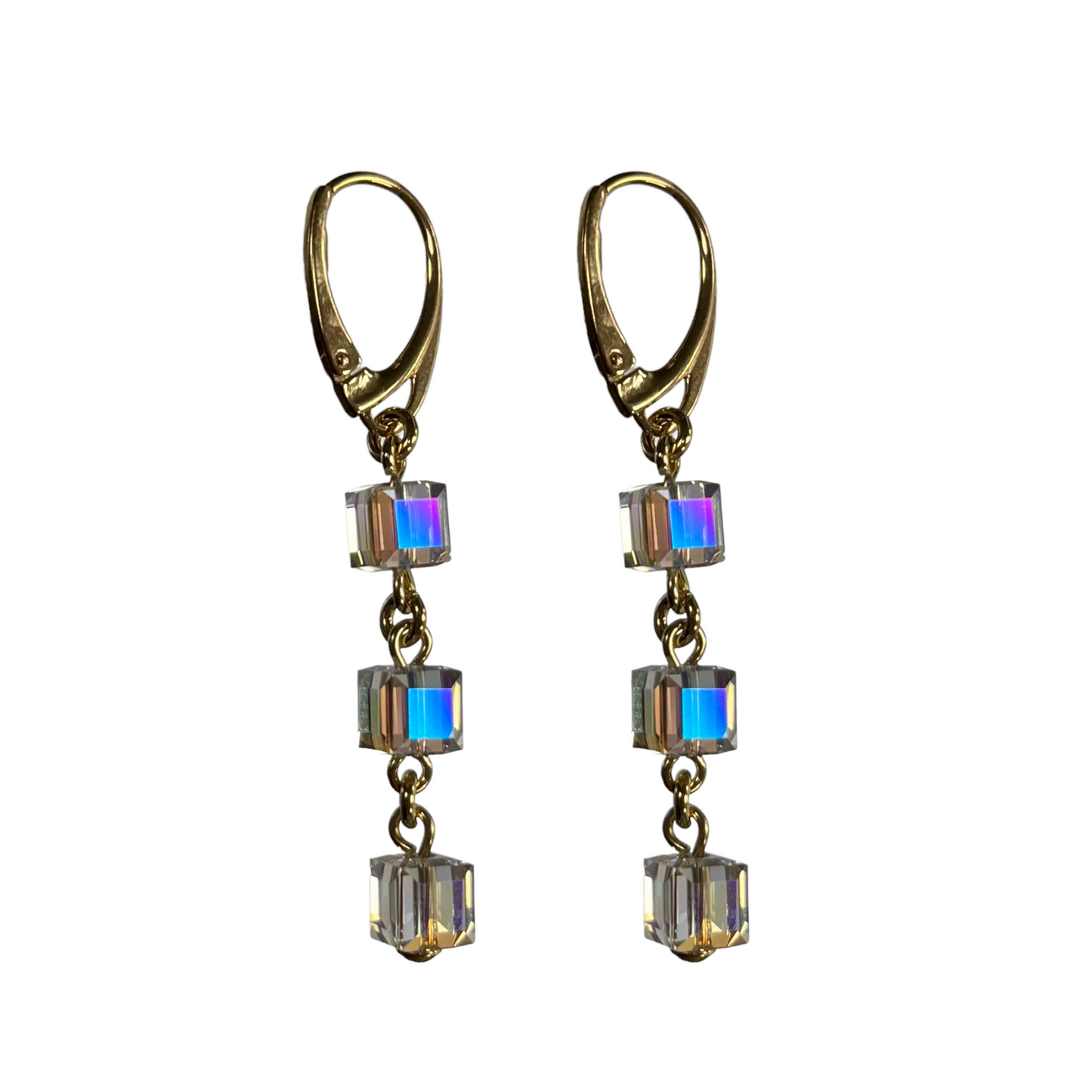 Boucles d'oreilles, cristaux Swarovski, argent doré, cristal AB, MULTI-CUBES