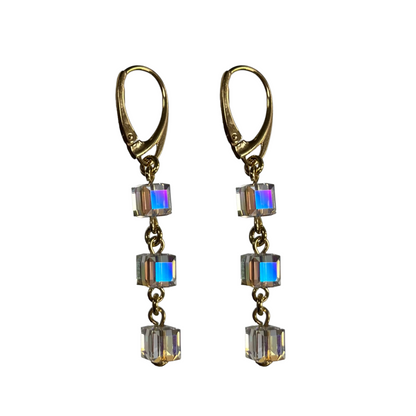 Boucles d'oreilles, cristaux Swarovski, argent doré, cristal AB, MULTI-CUBES