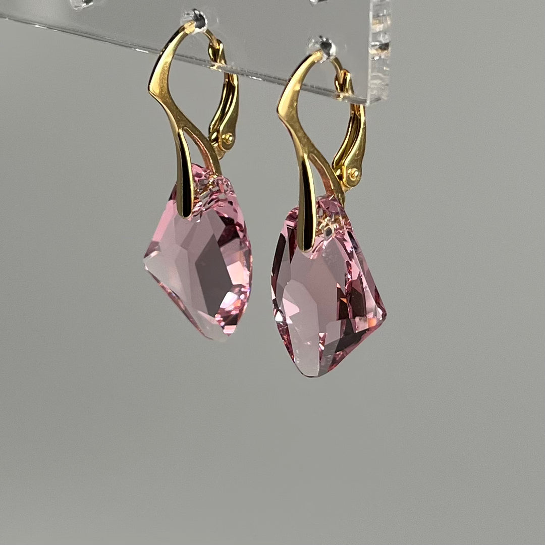 Boucles d'oreilles, cristaux Swarovski, argent doré, rose clair, ALICIA