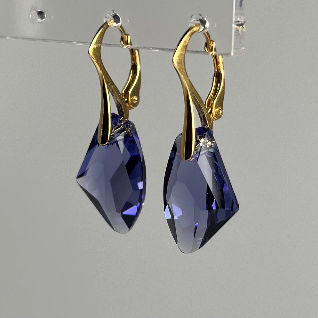 Boucles d'oreilles, cristaux Swarovski, argent doré, bleu tanzanite, ALICIA