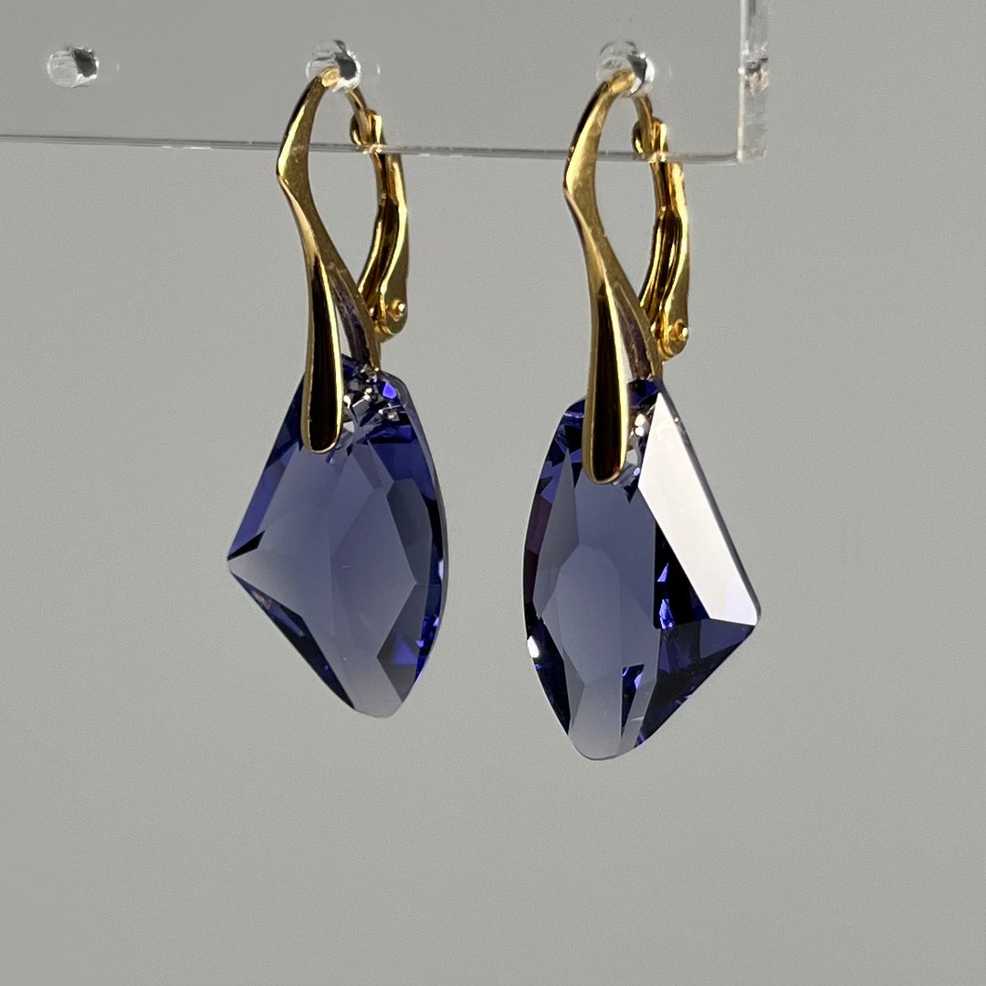 Boucles d'oreilles, cristaux Swarovski, argent doré, bleu tanzanite, ALICIA