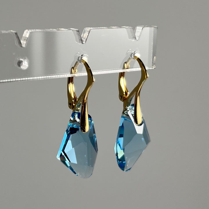 Boucles d'oreilles, cristaux Swarovski, argent doré, bleu aquamarine, ALICIA