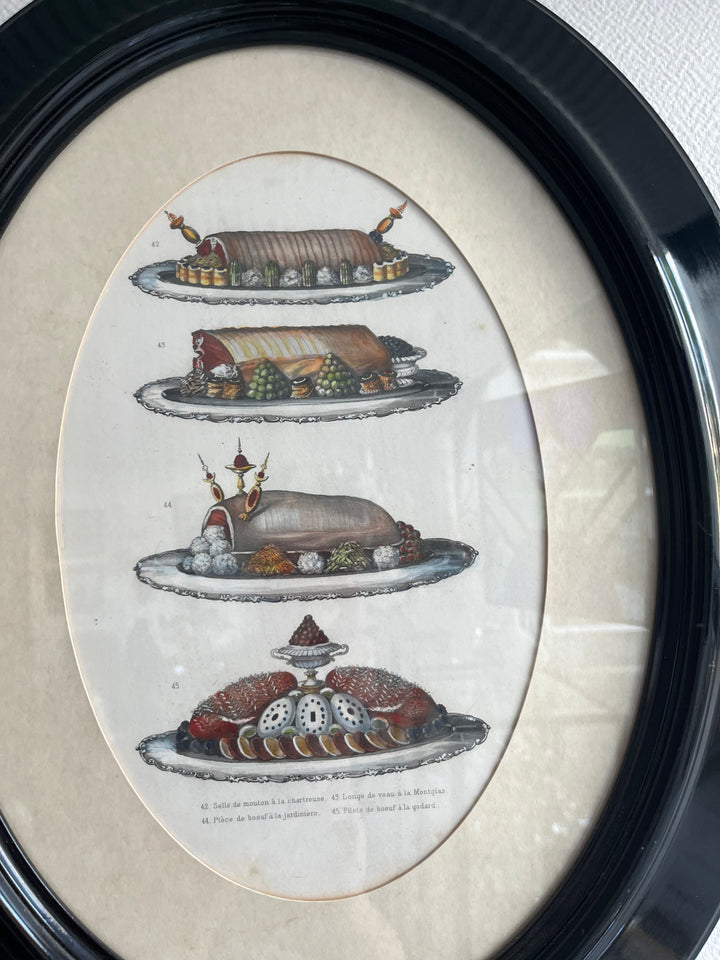 Ensemble de trois estampes cuisine Urbain Dubois XIXe siècle, cadres avec verre, Napoléon III